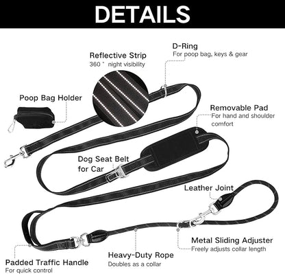 10FT Hands Free Dog Leash for Small Medium Large Dogs, Heavy Duty Reflective Dog Leash with Traffic Handle, Seat Belt Buckle & Poop Bag Holder (Black)