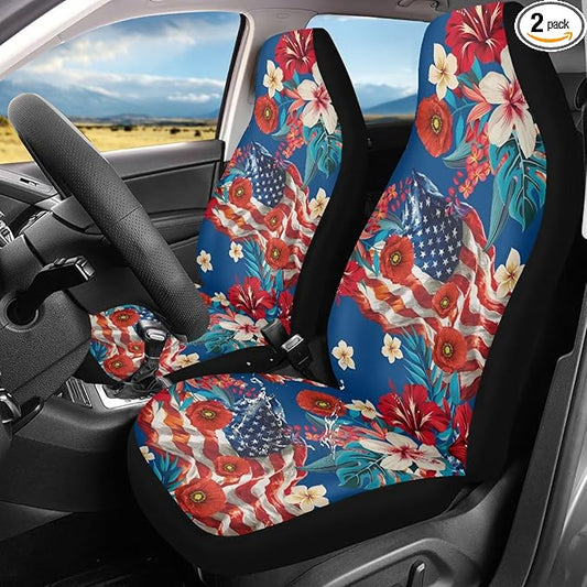 250th Anniversary Waterproof Car Seat Cover Front Seats Only Anti-Slip Back Fabric Automobile Front Seat Covers American Flag Flower Car Accessory Universal Fit for Truck SUV Van Sedan