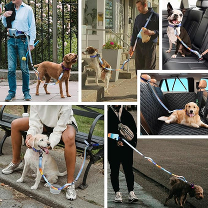 Roses&Poetry Hands Free Dog Leash with Zipper Pouch, 6-9ft Bungee Waist Leash for Medium Large Dogs Walking, Running Lead with Dual Padded Handles Car Safety Buckle for Training Jogging