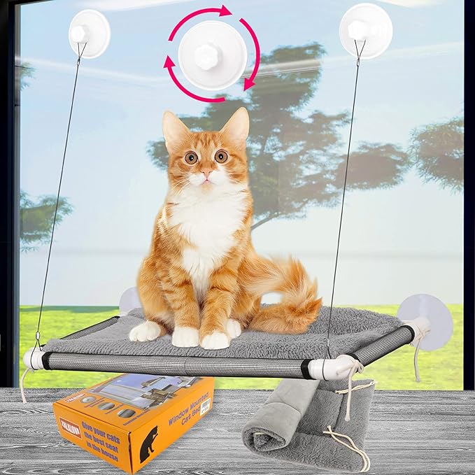 ZALALOVA Cat Window Perch Seat Large Sturdy Cat Beds Fleece Blanket 2026 Latest Screw Suction Cups Resting with Blanket (Grey)