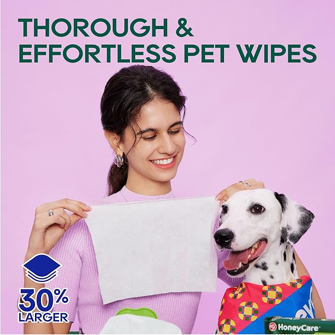 HONEY CARE Disposable Pet Wipes for Dogs & Cats – Cleansing & Soothing, Fragrance-Free, 100 Wipes for Paws, Butt & Body Cleaning