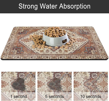 Dog Food Mats for Floors, Absorbent and Quick-Drying Pet Cat Food Mat,Anti-Fouling and Easy-to-Clean Pet Feeding Mat,Dog Bowl Mat for Messy Drinking Water Bowls.16 x24, Bohemia Style