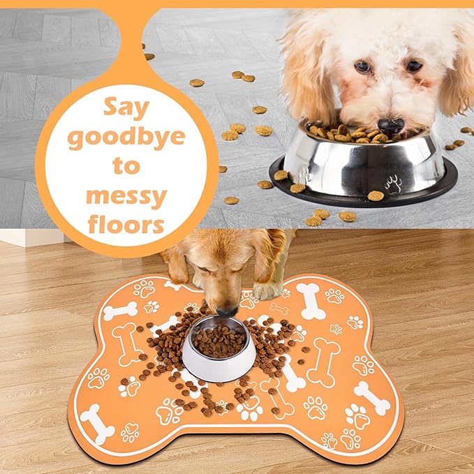 Dog Cat Mat for Food and Water,Rapid Absorbent Pet Feeding Mat, Bone Shaped Dog Placemat Bowl Mat with Rubber Backing,No Stains Pet Food Mats Indoor, Pet Accessories Supplies,Orange 16"×24"
