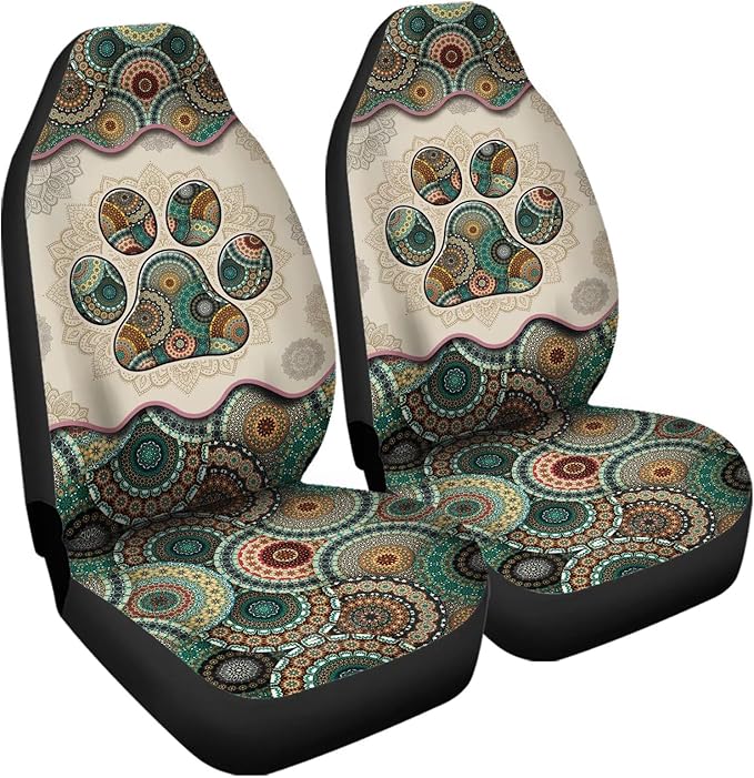 Universal Bucket Seats Cover Protector, 2 PCS Colorful Green Boho Mandala Dog Paw Print Waterproof Durable Auto Interior Accessory for Car Truck SUV