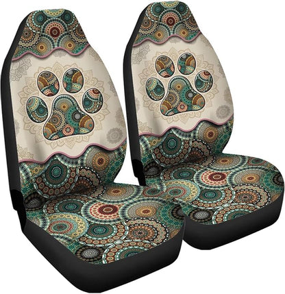 Universal Bucket Seats Cover Protector, 2 PCS Colorful Green Boho Mandala Dog Paw Print Waterproof Durable Auto Interior Accessory for Car Truck SUV