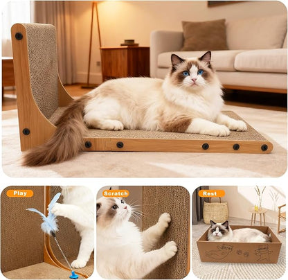 Cat Scratching Post, 3-in1 Scratching Board for Indoor Cats, 2PK 22in L-Shaped Cat Scratcher with 1PK Cardboard Box Scratch Pad, Cats Scratch Furniture Protector with Feathered Toy