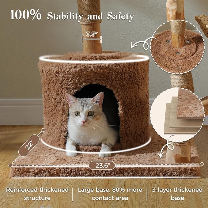59" Cat Tree Tower with Real Solid Wood Natural Branch, Modern Cat Tree for Large Cats w/3 Handwoven Wicker Baskets- Luxury Boho Cat Furniture w/Condo & Soft Hammock, Scratching Post, Brown