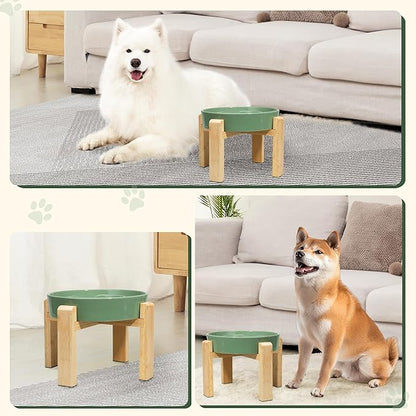 Elevated Slow Feeder Dog Bowl - Puzzle Maze Dish with Bamboo Stand - Raised Ceramic Food Bowl for Medium and Large Dogs - Green - 8.8 inch