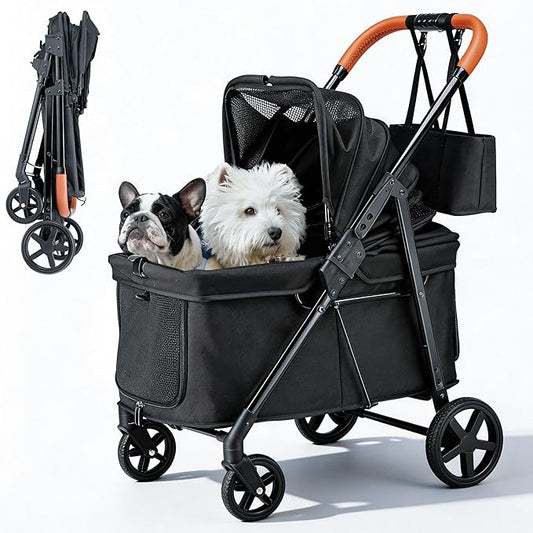 Dog Stroller for 2 Small Dogs or 1 Medium Pet, Low-Entry Design with Anti-Jump-Out, 600D Oxford Fabric, Up to 70 lbs,Black