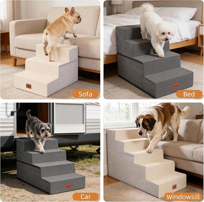 Dog Stairs for Small Dogs, 18" H, 4-Step Pet Steps for High Beds or Couches, Non-Slip Balanced Pet Ramp for Medium Cats,Indoor Dog Ladder, Beige