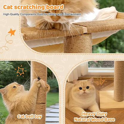 Cat Window Perch with Scratching Post, 46" Adjustable Tall Scratching Posts & Suction Cup – White Rabbit Fur Pad, Multi-Level Perch for Climbing, Bird Watching, Play, Supports 45 lbs (Drilling-Free)