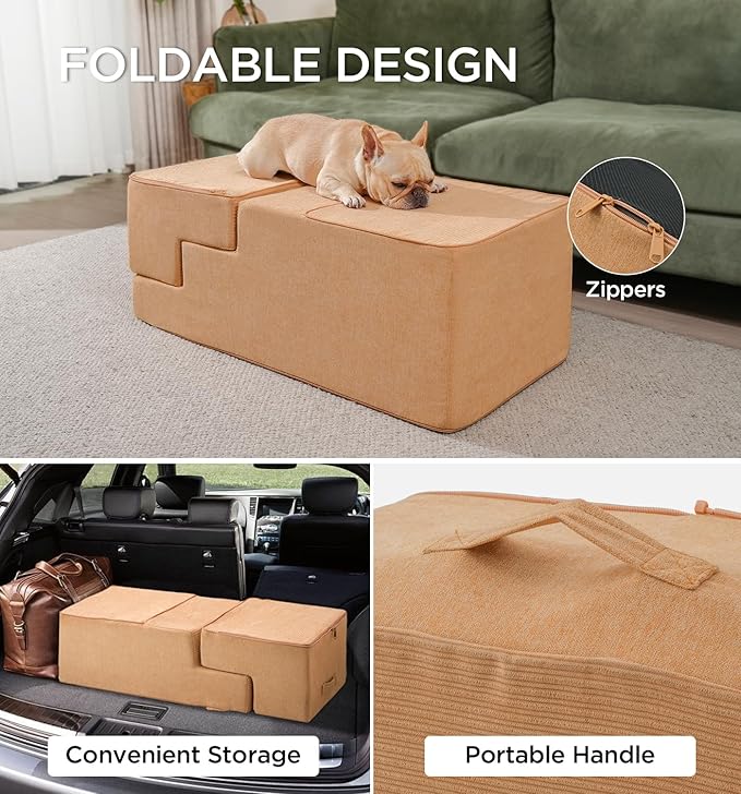 Made4Pets Dog Steps for Bed, Extra Wide Dog Stairs for High Bed Couch Sofa, 35D Foam Pet Steps for Small Dogs and Cats(Up to 40lbs), Non-Slip Bottom Pet Stairs, Tan, 4 Steps