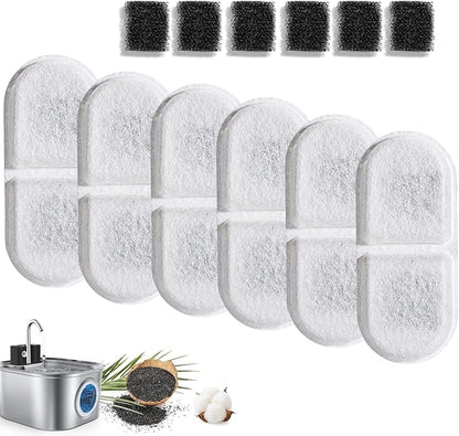 Cat Water Fountain Filter Replacement,12 Pcs(6 Carbon+ 6 Sponge) for Pets Automatic Water Dispenser for Dogs, Compatible with 2.2L/3L/3.2L/3.5L Stainless Steel Cat Fountains