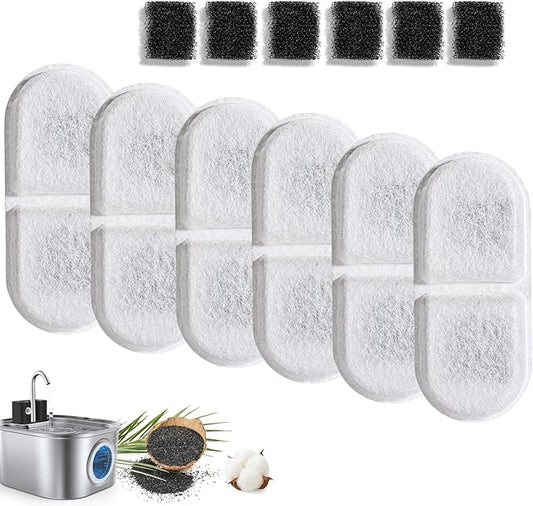 Cat Water Fountain Filter Replacement,12 Pcs(6 Carbon+ 6 Sponge) for Pets Automatic Water Dispenser for Dogs, Compatible with 2.2L/3L/3.2L/3.5L Stainless Steel Cat Fountains