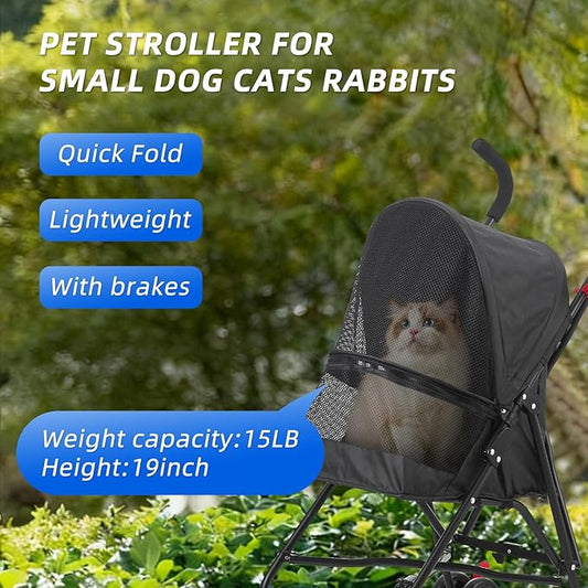 Pet Stroller Oxford Cloth Foldable Dog Strollers for Small Dogs and Cats Suitable for All Road Surfaces Wide-View Panoramic Window 4 Wheels with Brakes Portable Design, Easy to Store (Black)