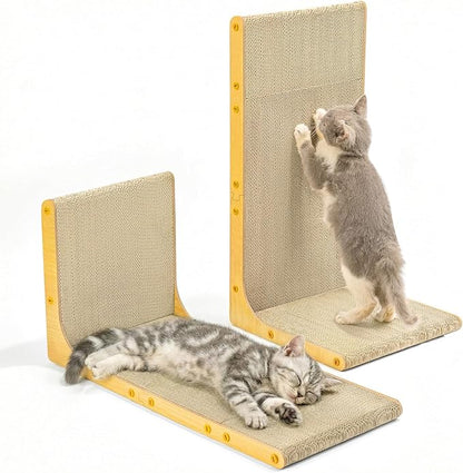Cardboard Cat Scratcher, 23" L-Shaped Scratch Pad, Vertical Wall-Leaning Scratching Board to Protect Furniture for Indoor Cats,Wood Grain Large,2-Pack