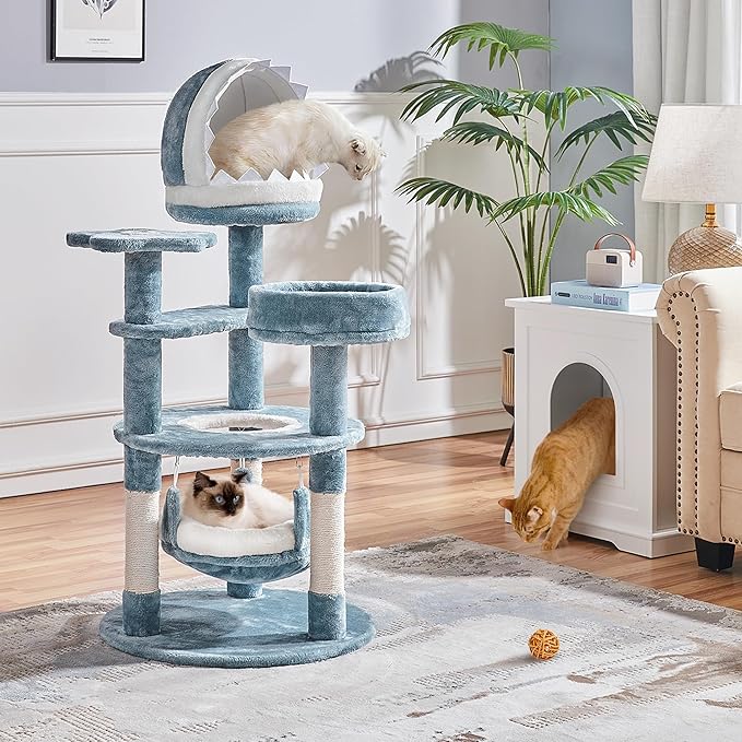 Yaheetech 45.5in Ocean-Themed Cat Tree Multi-Level Cat Tower, Plush Pet Furniture with Shark's Mouth-Shaped Nest, Sea Star-Shaped Perch, Jellyfish-Style Hammock for Indoor Kitty