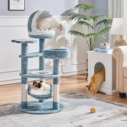 Yaheetech 45.5in Ocean-Themed Cat Tree Multi-Level Cat Tower, Plush Pet Furniture with Shark's Mouth-Shaped Nest, Sea Star-Shaped Perch, Jellyfish-Style Hammock for Indoor Kitty