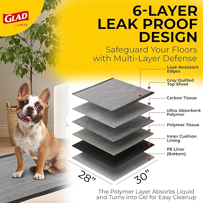 Glad for Pets Extra Large Charcoal Dog Training Pads, Absorbent Leak Proof Pee Pads for Dogs and Puppies, Odor Control Potty Pads with Activated Carbon, 28 x 30 Inches, 50 Count - 4 Pack