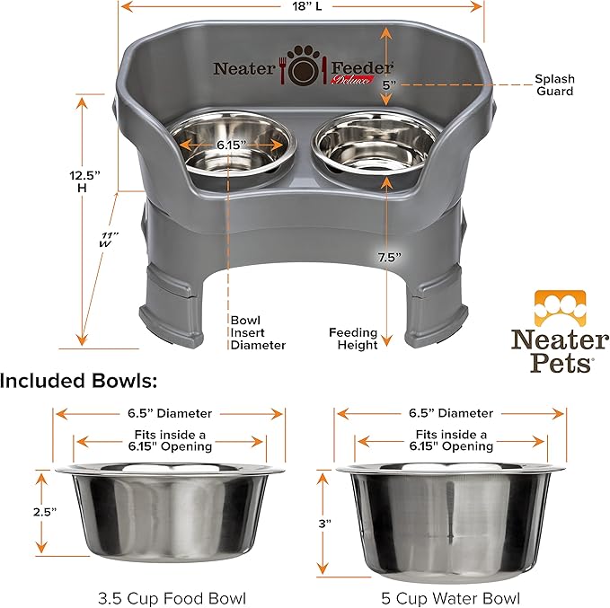 Neater Feeder Deluxe Mess-Proof Elevated Dog Bowls for Medium Dogs (19–40 lbs), 2 Height Adjustable (10” & 12.5”) No-Spill Raised Dog Bowl Stand, Stainless Steel Food Bowl Set, Made in USA, Grey