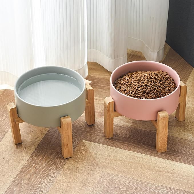 6'' Ceramic Raised Dog Bowl - 30Oz Dog Food & Water Bowl with Elevated Non-Slip Bamboo Stand, Dishwasher & Microwave Safe, Anti Vomiting Heavy Duty Pet Bowl for Small and Medium Dogs, Pink