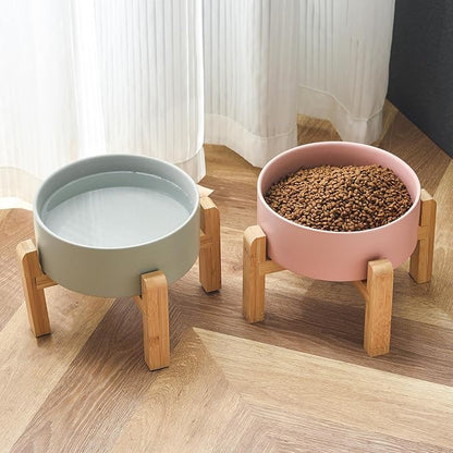 6'' Ceramic Raised Dog Bowl - 30Oz Dog Food & Water Bowl with Elevated Non-Slip Bamboo Stand, Dishwasher & Microwave Safe, Anti Vomiting Heavy Duty Pet Bowl for Small and Medium Dogs, Pink