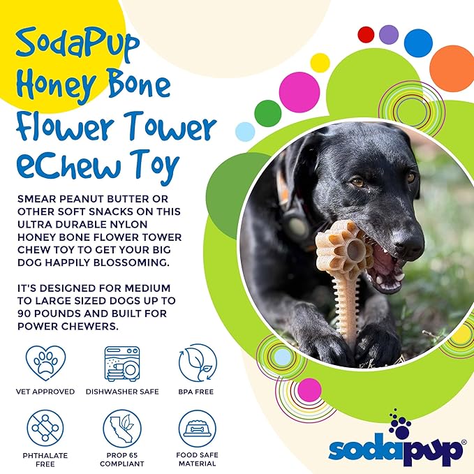 SodaPup Honey Bone Flower Tower – Ultra Durable Dog Chew Toy Made in USA from Non-Toxic, Pet Safe, Food Safe, Nylon Material for Clean Teeth, Fresh Breath, Problem Chewing, Calming Nerves, & More