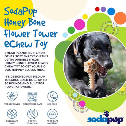SodaPup Honey Bone Flower Tower – Ultra Durable Dog Chew Toy Made in USA from Non-Toxic, Pet Safe, Food Safe, Nylon Material for Clean Teeth, Fresh Breath, Problem Chewing, Calming Nerves, & More