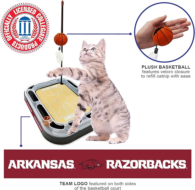 Cat Scratch Toy NCAA ARKANSAS RAZORBACKS REVERSIBLE Basketball Court Felt/Cardboard Cat Scratcher Toy. Interactive Cat Ball Bell in Tracks. 6-in-1 CAT TOY Cat Wand Poll, CATNIP-FILLED Plush Basketball