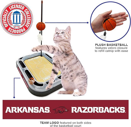 Cat Scratch Toy NCAA ARKANSAS RAZORBACKS REVERSIBLE Basketball Court Felt/Cardboard Cat Scratcher Toy. Interactive Cat Ball Bell in Tracks. 6-in-1 CAT TOY Cat Wand Poll, CATNIP-FILLED Plush Basketball