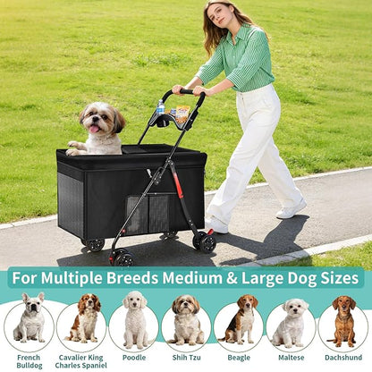Medium Dog Stroller for Large Dogs, Pet Stroller for Medium Dogs Up to 100lbs, All-Terrain with Handle & Canopy, Storage Organizer, Waterproof Oxford Fiber Black