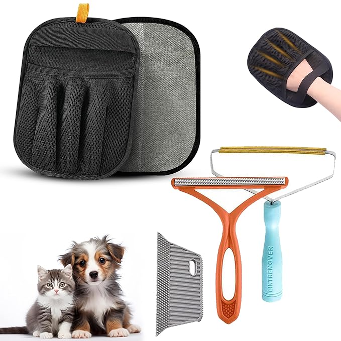 Pet Hair Removal Glove 4-in-1 Premium Dog Cat Hair Removal Glove & Brush Set Electrostatic Pet Hair Remover for Furniture Carpet Car Complete Grooming Bundle with Lint Remover Reusable Magic Brush