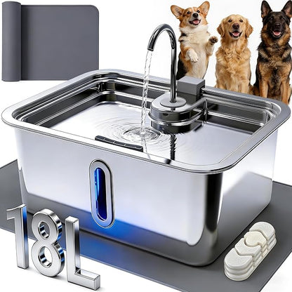 18L/4.76Gal Extra Large Dog Water Fountain with Silicone Mat & 3 Filters, Quiet Pet Water Fountain for Giant Breeds, Stainless Steel Dog Water Bowl Dispenser with Visible Window & Alert Light