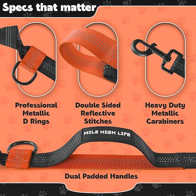 Mile High Life | Retractable Hands Free Dog 7FT Leash | Waist Running Adjustable | Reflective Dual Black Bungees | Dual Handles | Small Medium Large Dogs | (Orange)