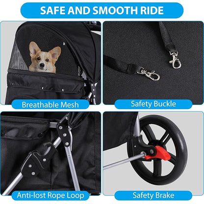Foldable Pet Stroller for Cats and Dogs 3 Wheels Carrier Strolling Cart with Weather Cover, Storage Basket + Cup Holder (Black)