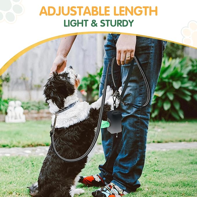 Kazazoo Hands-Free Dog Leash with Poop Bag Holder, Adjustable 4-7 Ft Waist for Dog Walking, Running for Small & Medium Dogs with Reflective Strips, Nylon Waist Belt, Black