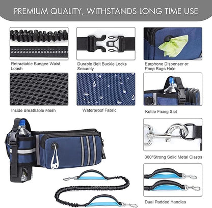 Hands Free Dog Leash with Waist Bag for Medium to Large Dogs, Dual-Handle Reflective Bungee Leash with Poop Bag Dispenser Pouch, Adjustable Waist Belt for Night Walking Jogging Hiking