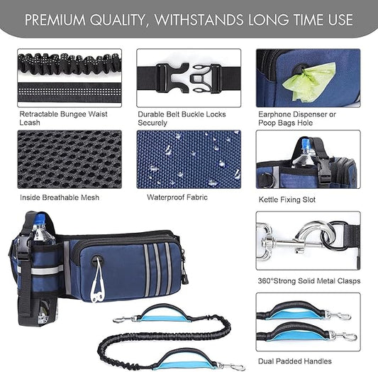 Hands Free Dog Leash with Waist Bag for Medium to Large Dogs, Dual-Handle Reflective Bungee Leash with Poop Bag Dispenser Pouch, Adjustable Waist Belt for Night Walking Jogging Hiking