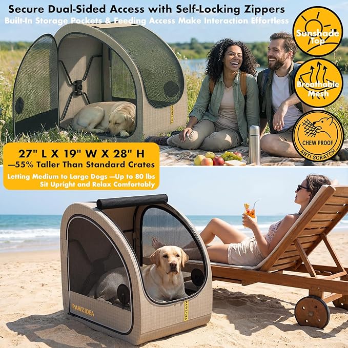 PAWZIDEA Portable Dog Crate for Car, 45% Extra Tall Travel Kennel for Medium & Large Dogs up to 80lbs Sit Upright, Enclosed Soft-Sided Backseat Carrier Collapsible, Secure w/Seatbelt & Headrest Strap