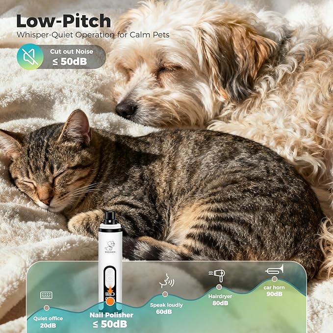 Upgraded Silent Dog Nail Grinder, Cordless Grooming Pro Nail Grinder with 3 Adjustable Speeds & Led Light, Painless Paws Grooming for Small Medium Large Dogs & Cats (2 Replacement Heads)