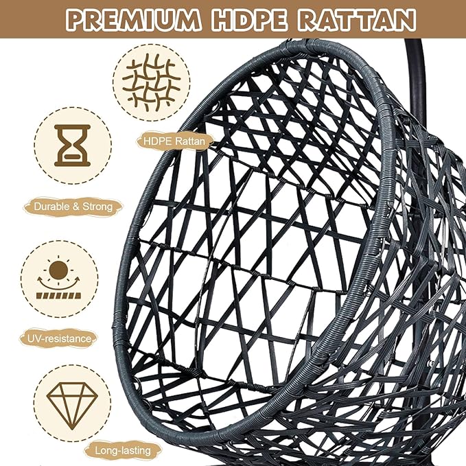 KEIKI Cat Swing Bed with Stand & Soft Cushion, Rattan Wicker Cat Egg Chair, Indoor Cat Hammock, Pet Beds for Cats or Small Dogs, Brown