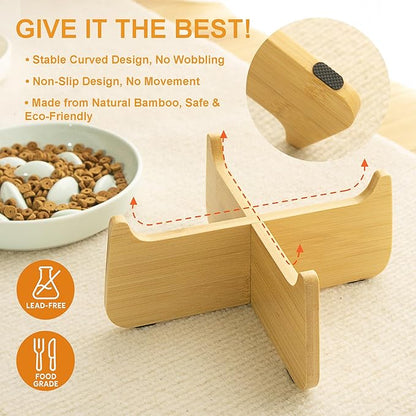 Non-Slip Rubberwood Elevated Cat Feeder Stand - 6.1"x3.5" Detachable Bowl Holder, Ergonomic Anti-Vomiting Raised Pet Dish Stand (White(Ceramic)-Bamboo Stand)