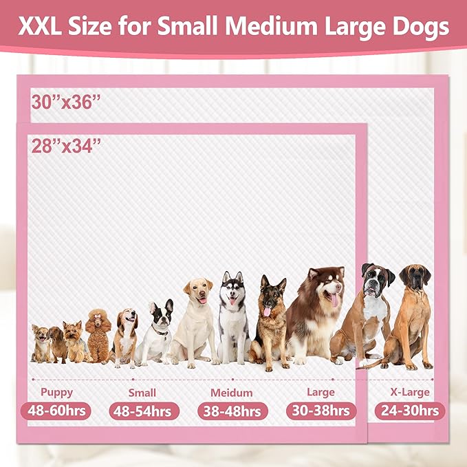 Gimars XL 6-Layer Ultra Absorbent 1200ml 48-Hour Leak-Proof Dog Pee Pads, Quick Dry Extra Large Puppy Pads for Puppy Training, Senior & Incontinent Dogs, Cats, Overnight Use, 30"x36", 30 Count Pink