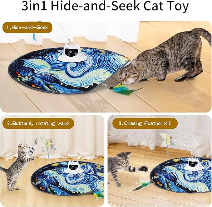 Interactive Cat Toy for Indoor Cats – Rechargeable Hide & Seek Toy for Bored Adult Cats, Touch Activated, Fluttering Feather & Butterfly, 360° Random Motion, Remote Control – Starry Night Design