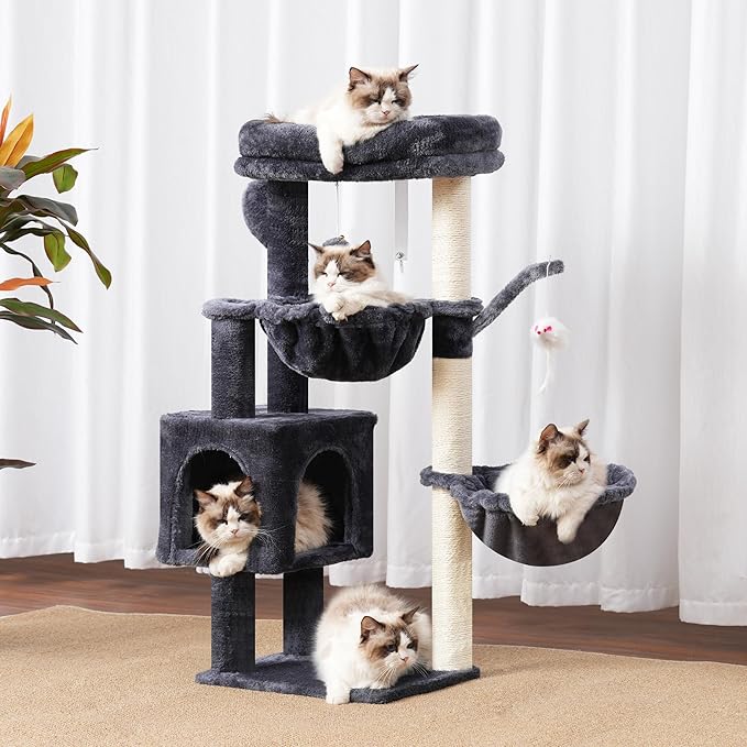 Heybly Cat Tree, 39.4 Inches Tower Condo with Scratching Post, Cat Tower for Indoor Cats, Fully Wrapped Sisal Pole, Soft Platform, 2 Baskets and Dangling Toy, Smoky Gray HCT006SG