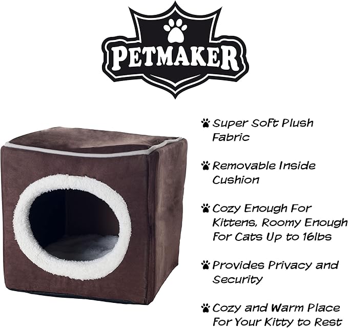 Cat House - Indoor Bed with Removable Foam Cushion - Cat Cave for Puppies, Rabbits, Guinea Pigs, and Other Small Animals by PETMAKER (Dark Brown) 13x13.5x12"