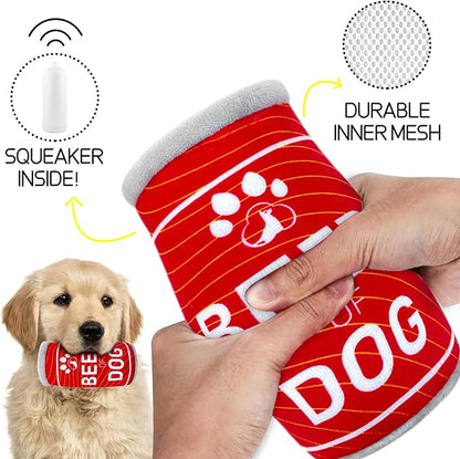 Squeaky Plush Dog Toys 2 Pack - Funny Beer Puppy Toys with Squeaker for Small Medium Large Dogs, Soft Stuffed Chew Toys for Birthday Gifts(Red&Orange)