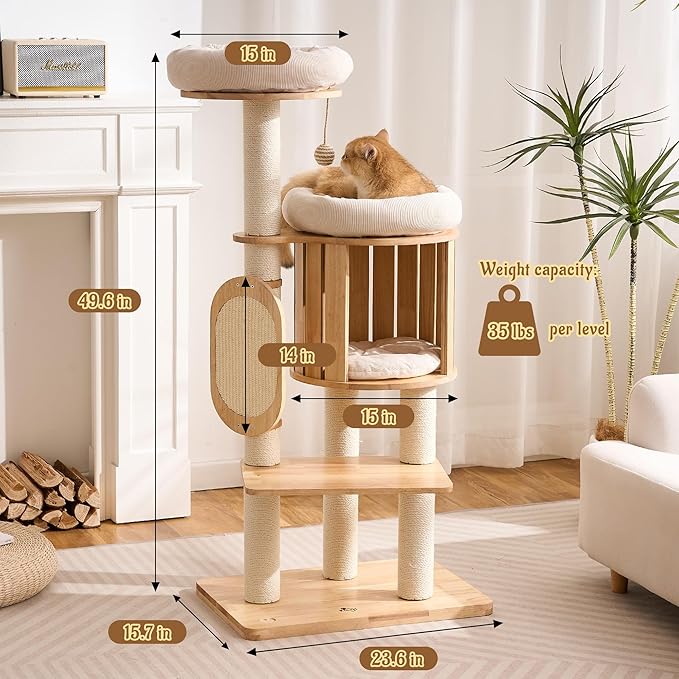 Modern Solid Wood Cat Tree for Indoor Cats Large Adult, 50in Tall Cat Tower with Sisal Scratching Posts, Cat Scratcher Cardboard, Cozy Cat Beds Cave Condo, Multi-Level Cat Furniture