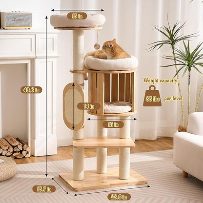 Modern Solid Wood Cat Tree for Indoor Cats Large Adult, 50in Tall Cat Tower with Sisal Scratching Posts, Cat Scratcher Cardboard, Cozy Cat Beds Cave Condo, Multi-Level Cat Furniture