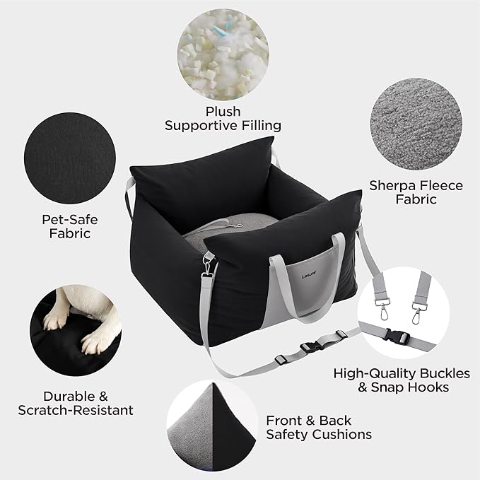 Lesure Small Dog Car Seat for Small Dogs - Waterproof Dog Booster Car Seat with Storage Pockets, Clip-On Safety Leash and Thickened Memory Foam Filling, Pet Carseat Puppy Travel Carrier Bed, Black